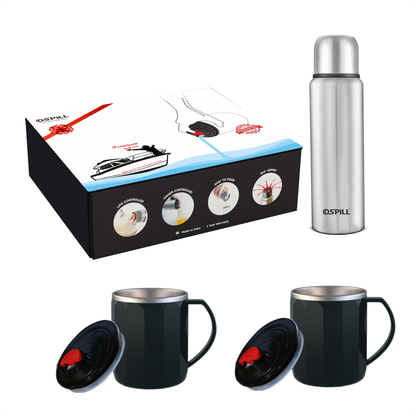 OSPILL Premium Gift Set, Stainless Steel Vacuum Insulated Flask with 2 Coffee Mugs, Lips & Finger Controlled Technology, Gift Box Applicable for Home, Office, School, Friends, Festival (ZETA)