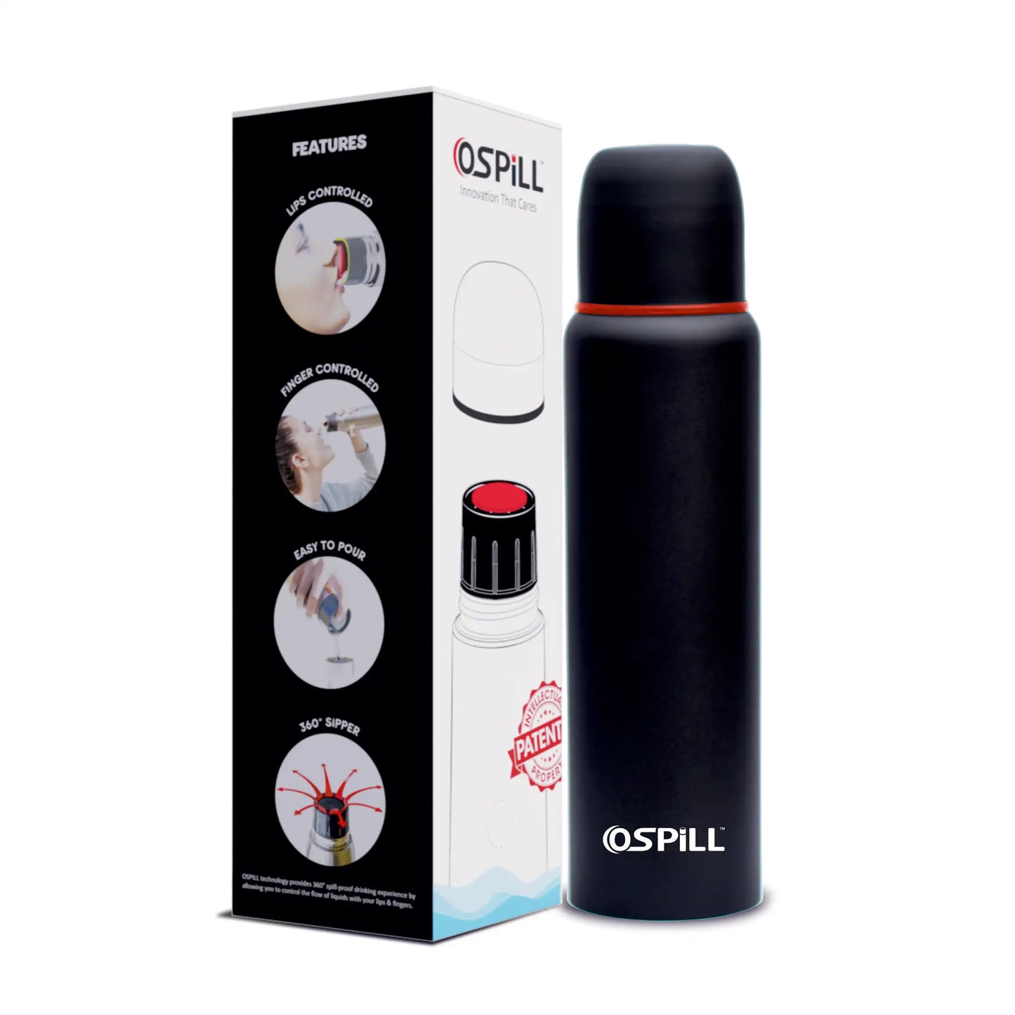 OSPILL ZETA 1000 Stainless Steel Bottle, 930ml - World's First Lips & Finger Control Technology | OSPILL | Spill-Proof, BPA-Free | Rust Proof | Ideal for Home, Office, Gym, Car, School