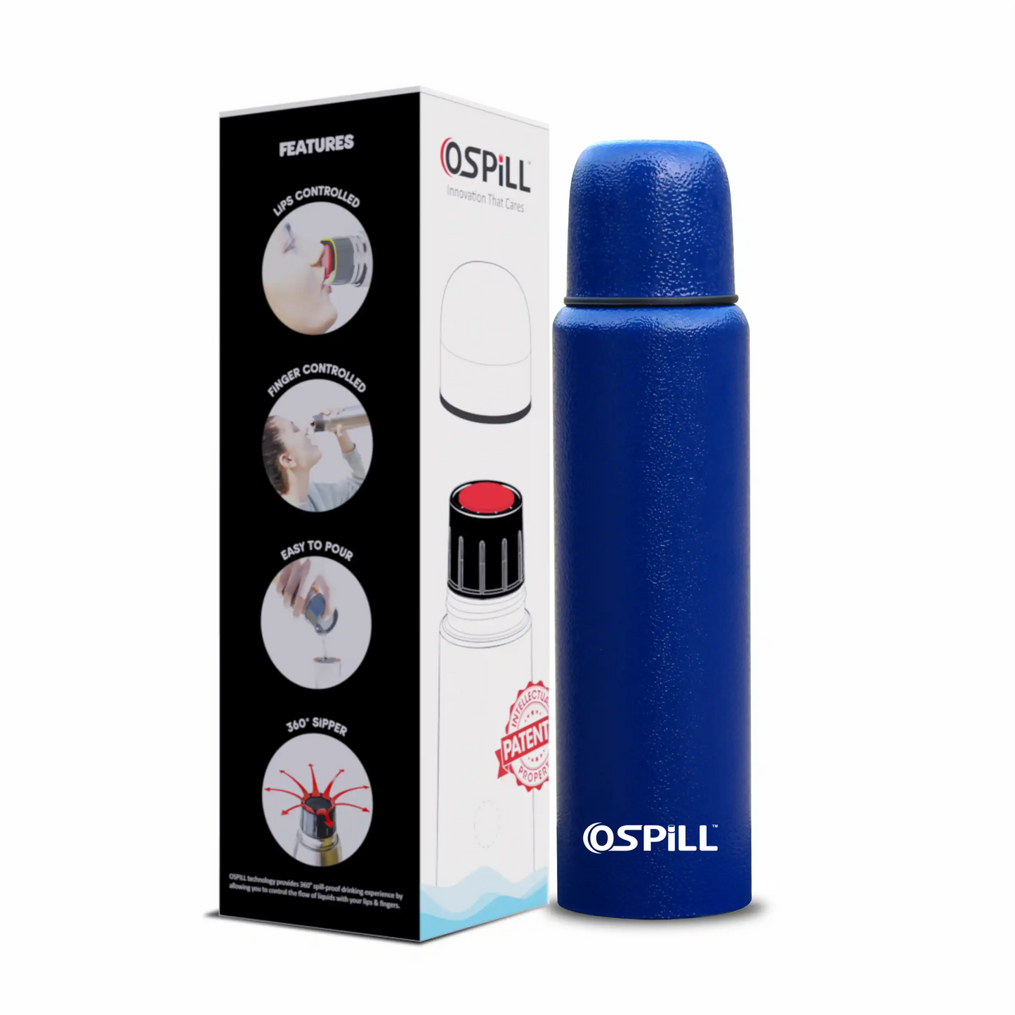 OSPILL ZETA 1000 Stainless Steel Bottle, 930ml - World's First Lips & Finger Control Technology | OSPILL | Spill-Proof, BPA-Free | Rust Proof | Ideal for Home, Office, Gym, Car, School