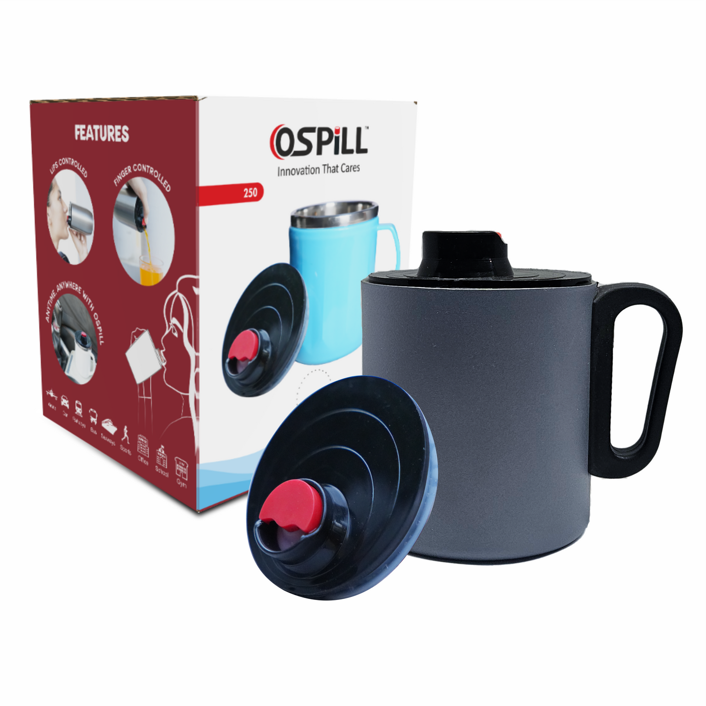 OSPILL DURO 250 - Spill Proof Coffee Mug with Lips & Finger Control Technology 250 mL | Double Wall Stainless Steel, BPA-Free | Perfect for Home, Office, Travel, Gym (Gray)