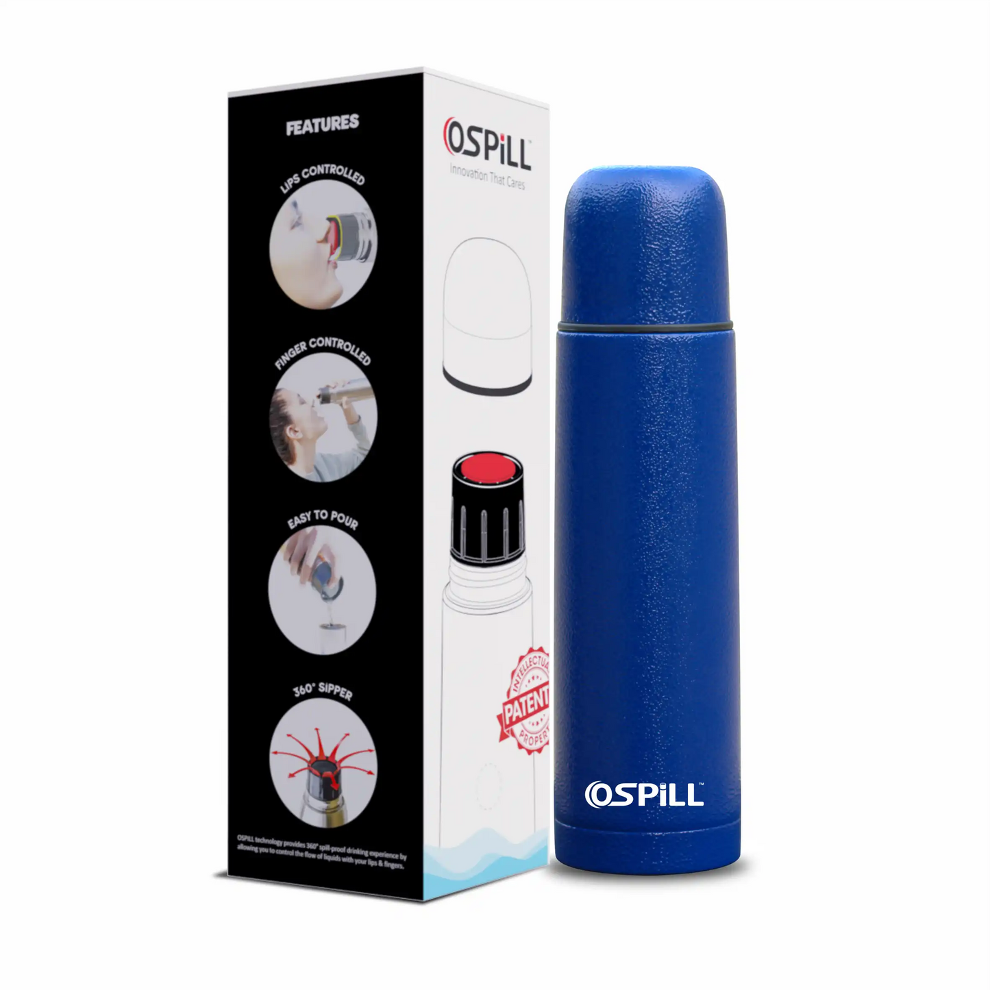 OSPILL Alpha 500 Stainless Steel Vacuum Flask, 500ml - World's First Lips & Finger Control Tech | Spill-Proof | BPA-Free | Temperature Retention | for Home, Office, School, Gym, Car