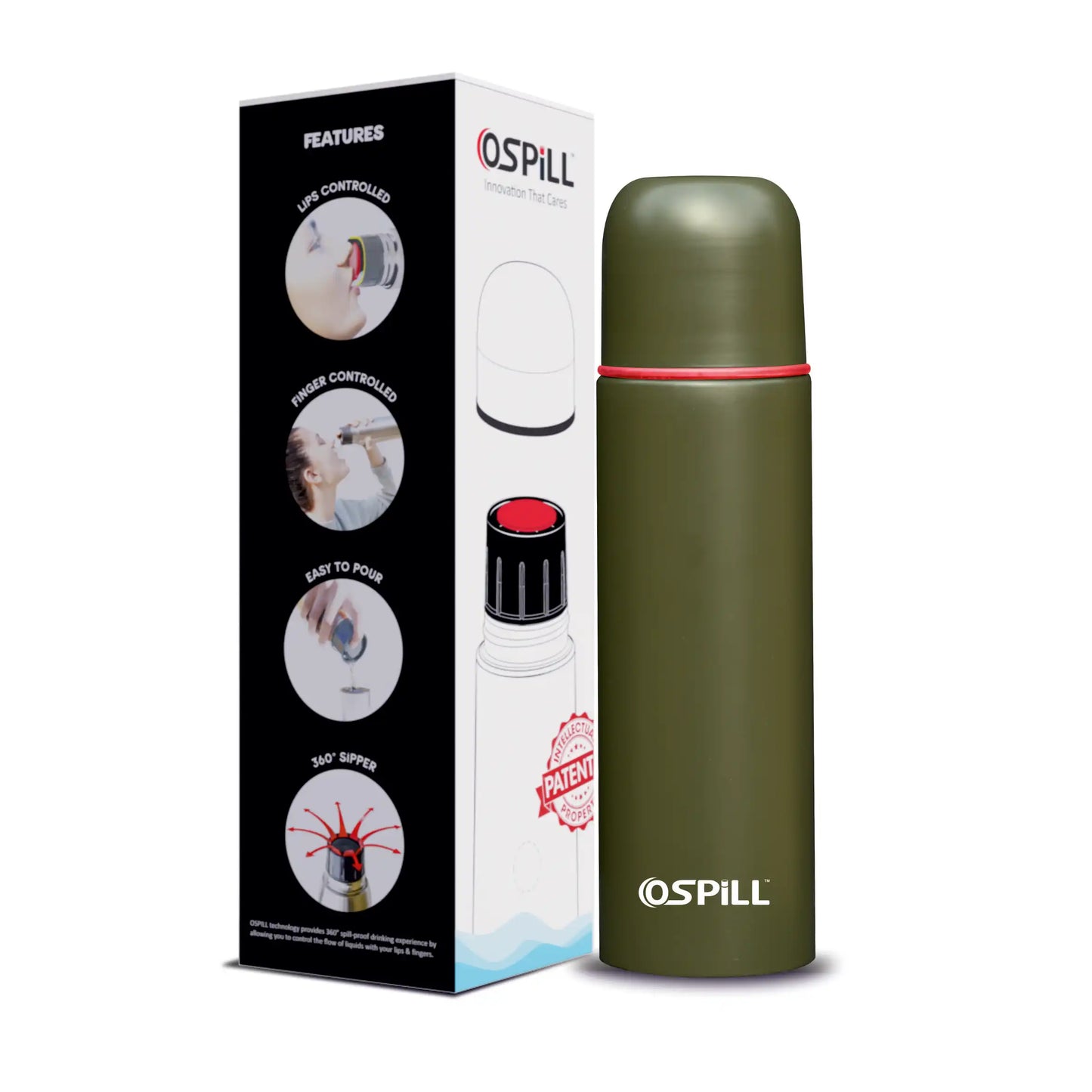 0SPILL GAMMA 750 Stainless Steel Bottle, 750ml - World's First Lips & Finger Control Tech | Spill-Proof | BPA-Free | OSPILL | Ideal for Home, Office, School, Gym, Car Use