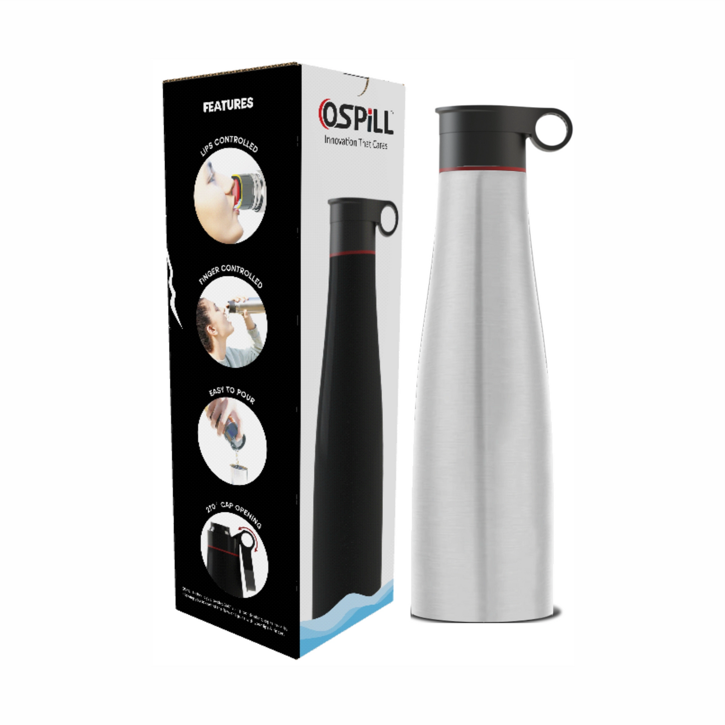 OSPILL SIGMA 1000 Stainless Steel Bottle, 900ml - World's First Lips & Finger Control Tech | Spill-Proof | BPA-Free | OSPILL | Ideal for Home, Office, School, Gym, Car Use