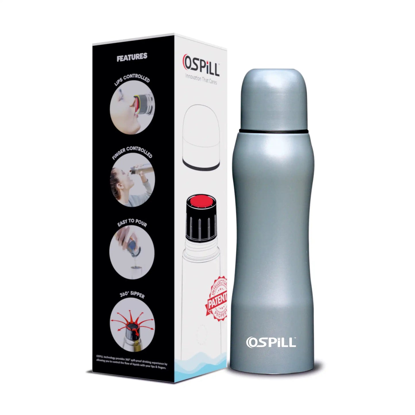 0SPILL DELTA 1000 Stainless Steel Bottle, 980ml - World's First Lips & Finger Control Tech | Spill-Proof | BPA-Free | OSPILL | Ideal for Home, Office, School, Gym, Car Use