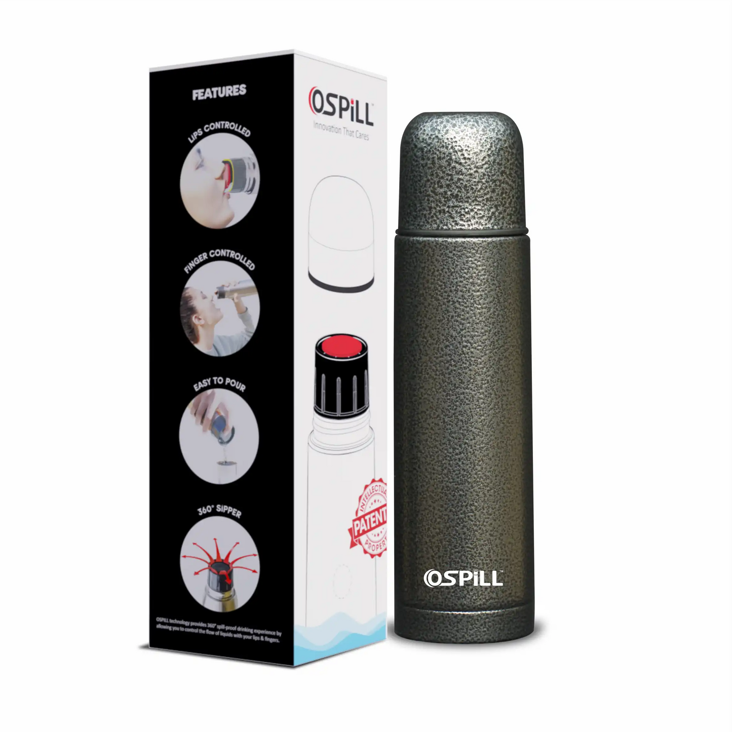 OSPILL Alpha 500 Stainless Steel Vacuum Flask, 500ml - World's First Lips & Finger Control Tech | Spill-Proof | BPA-Free | Temperature Retention | for Home, Office, School, Gym, Car