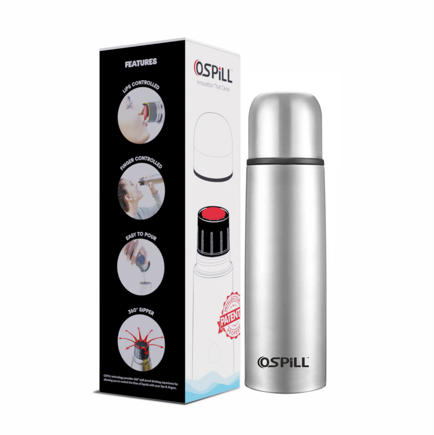 0SPILL GAMMA 750 Stainless Steel Bottle, 750ml - World's First Lips & Finger Control Tech | Spill-Proof | BPA-Free | OSPILL | Ideal for Home, Office, School, Gym, Car Use