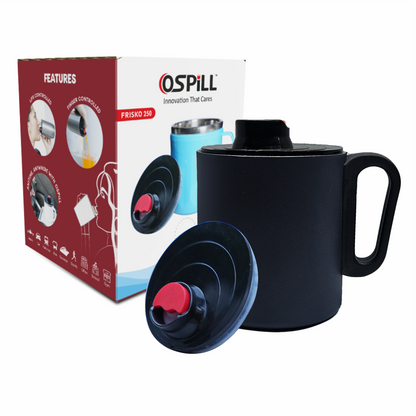 OSPILL DURO 250 - Spill Proof Coffee Mug with Lips & Finger Control Technology 250 mL | Double Wall Stainless Steel, BPA-Free | Perfect for Home, Office, Travel, Gym (Black)