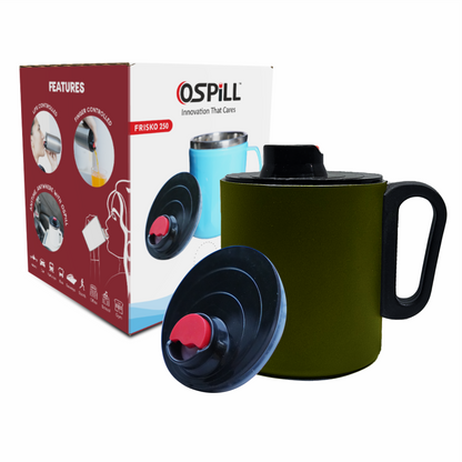 OSPILL DURO 250 - Spill Proof Coffee Mug with Lips & Finger Control Technology 250 mL | Double Wall Stainless Steel, BPA-Free | Perfect for Home, Office, Travel, Gym (Green)