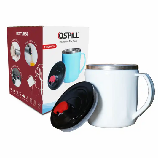 OSPILL FRISKO 250 - Spill Proof Coffee Mug with Lips & Finger Control Technology 250 mL | Stainless Steel, BPA-Free | Perfect for Home, Office, Travel, Gym (White)