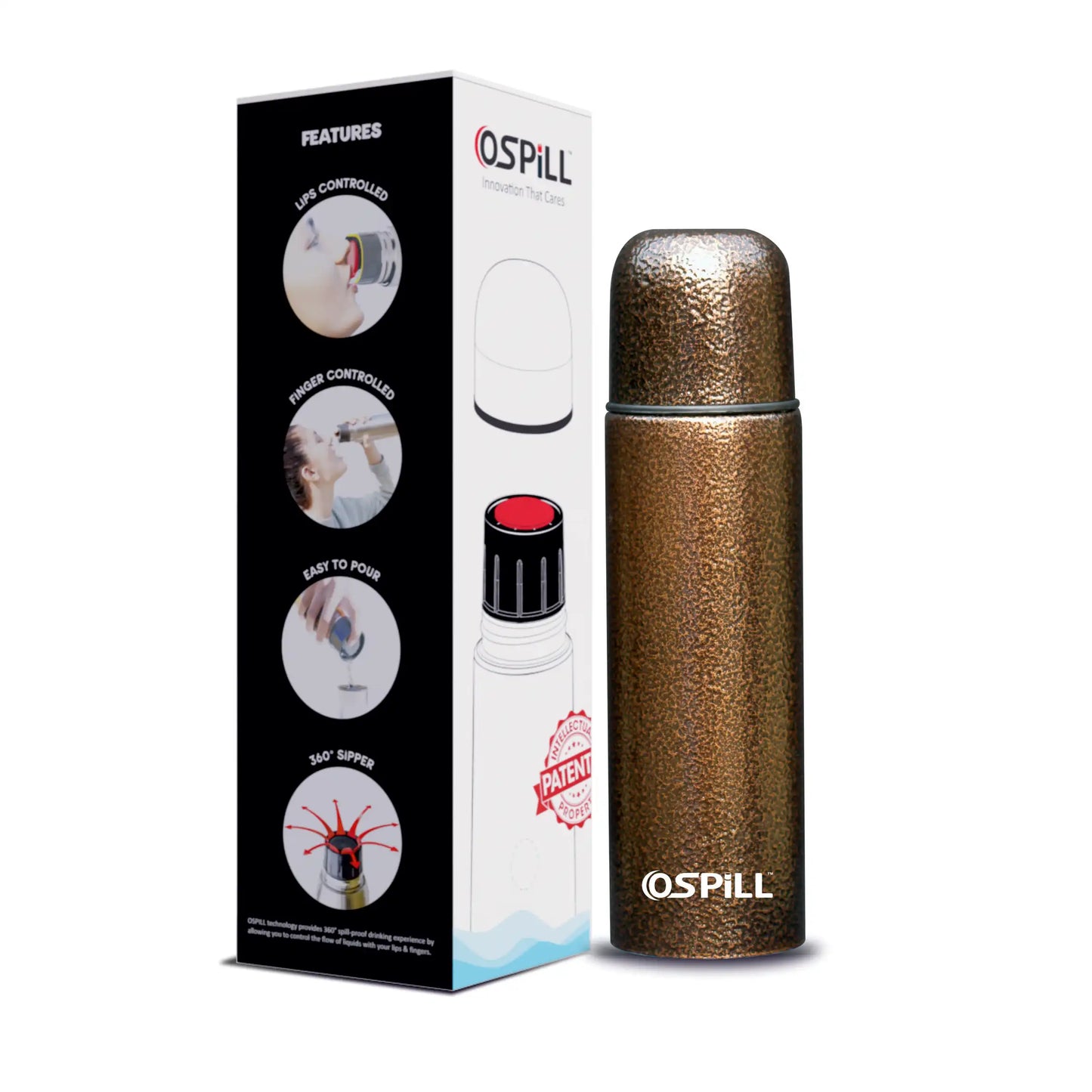 0SPILL GAMMA 750 Stainless Steel Bottle, 750ml - World's First Lips & Finger Control Tech | Spill-Proof | BPA-Free | OSPILL | Ideal for Home, Office, School, Gym, Car Use