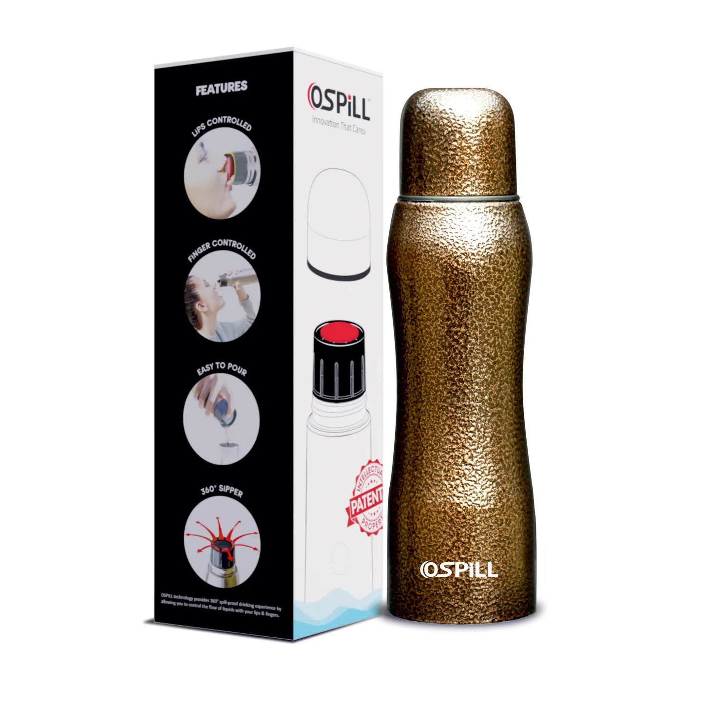 0SPILL DELTA 1000 Stainless Steel Bottle, 980ml - World's First Lips & Finger Control Tech | Spill-Proof | BPA-Free | OSPILL | Ideal for Home, Office, School, Gym, Car Use