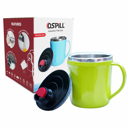 OSPILL FRISKO 250 - Spill Proof Coffee Mug with Lips & Finger Control Technology 250 mL | Stainless Steel, BPA-Free | Perfect for Home, Office, Travel, Gym  (Green)