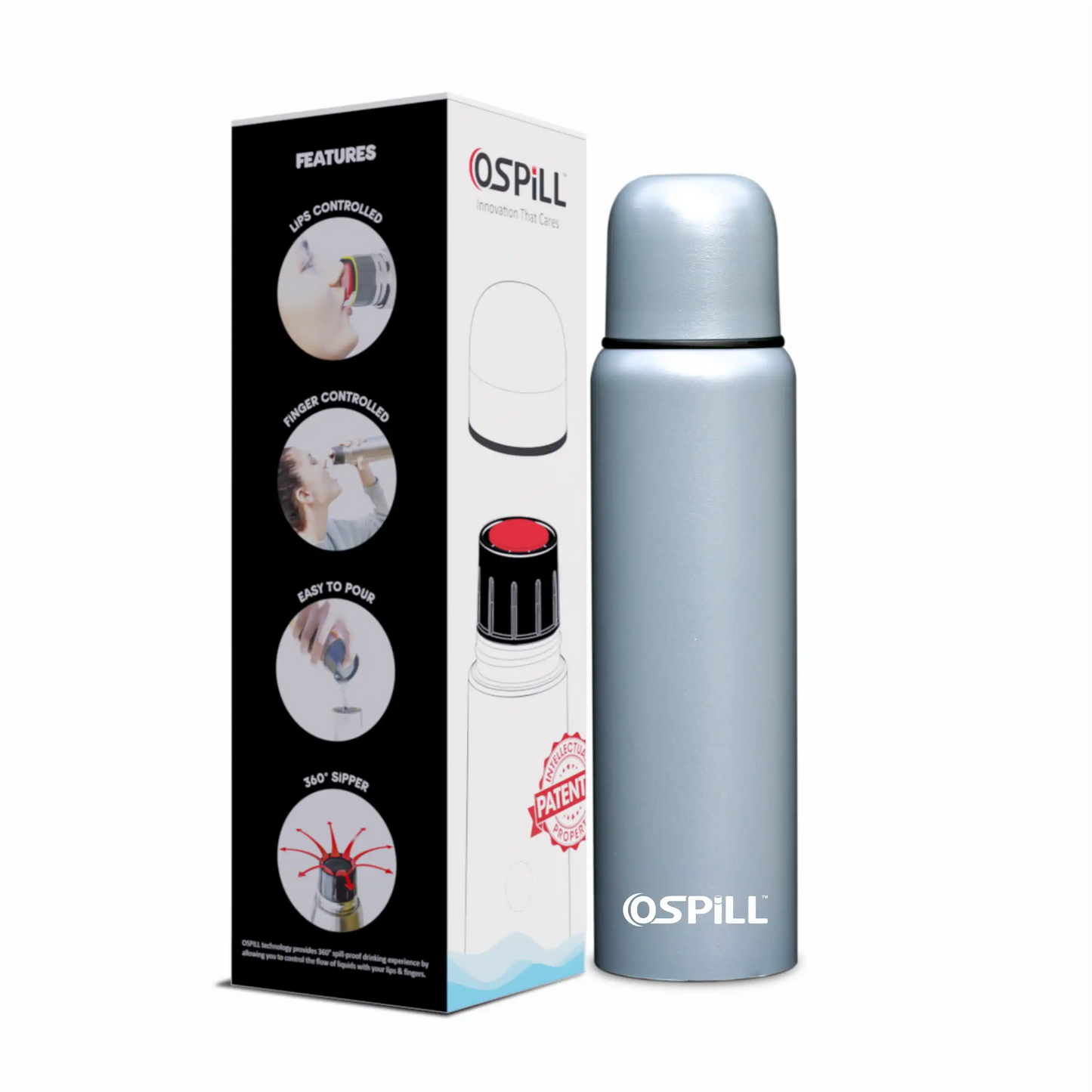 OSPILL ZETA 1000 Stainless Steel Bottle, 930ml - World's First Lips & Finger Control Technology | OSPILL | Spill-Proof, BPA-Free | Rust Proof | Ideal for Home, Office, Gym, Car, School