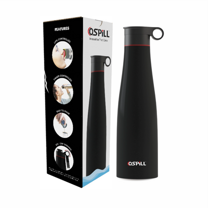 OSPILL SIGMA 1000 Stainless Steel Bottle, 900ml - World's First Lips & Finger Control Tech | Spill-Proof | BPA-Free | OSPILL | Ideal for Home, Office, School, Gym, Car Use (Black)