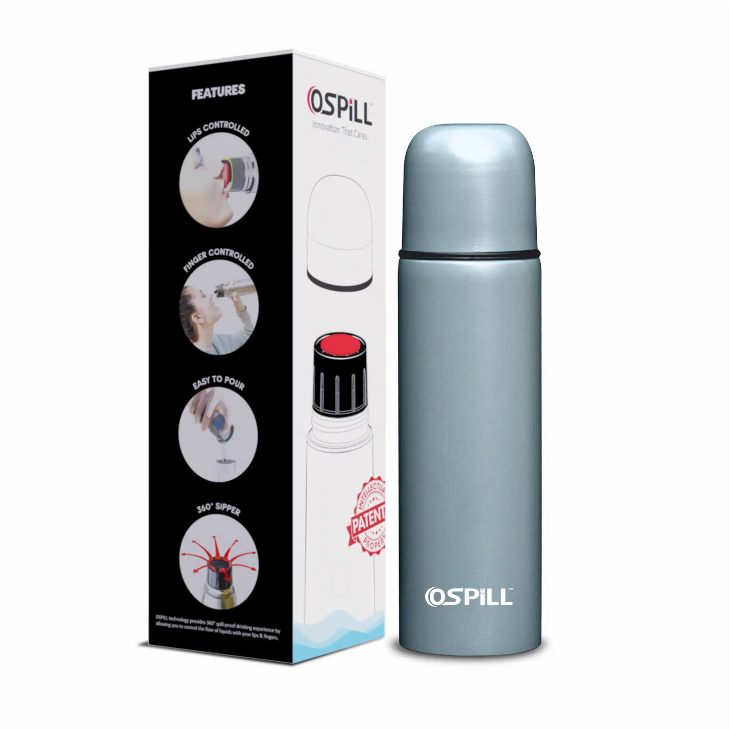 0SPILL GAMMA 750 Stainless Steel Bottle, 750ml - World's First Lips & Finger Control Tech | Spill-Proof | BPA-Free | OSPILL | Ideal for Home, Office, School, Gym, Car Use