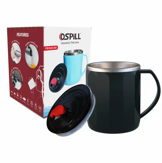 OSPILL FRISKO 250 - Spill Proof Coffee Mug with Lips & Finger Control Technology 250 mL | Stainless Steel, BPA-Free | Perfect for Home, Office, Travel, Gym (Black)