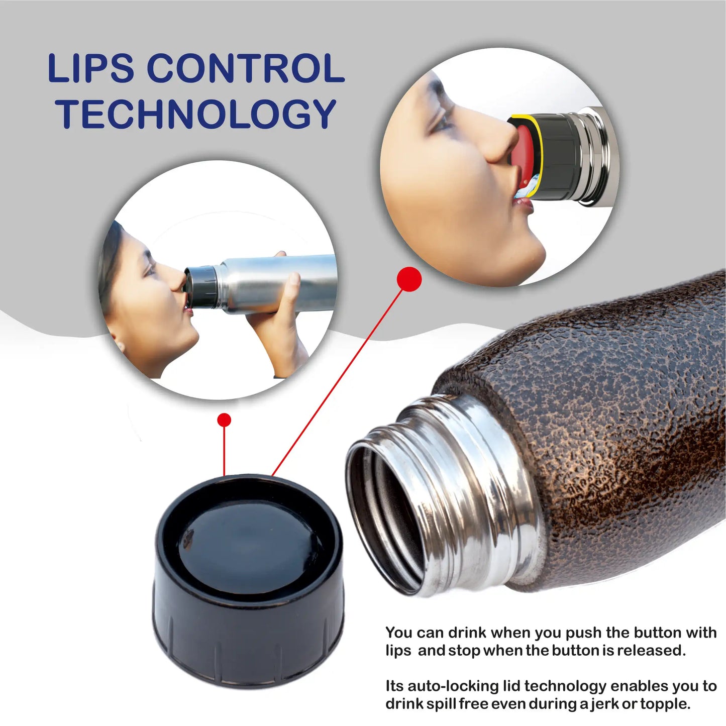 0SPILL GAMMA 750 Stainless Steel Bottle, 750ml - World's First Lips & Finger Control Tech | Spill-Proof | BPA-Free | OSPILL | Ideal for Home, Office, School, Gym, Car Use