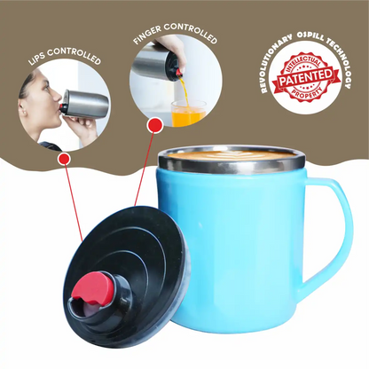 0SPILL OSPILL FRISKO 250 - Spill-Proof Coffee Mug with Lips & Finger Control Technology 250 mL | Stainless Steel, BPA-Free | Coffee Mug | Perfect for Home, Office, Travel, Gym (Aqua)