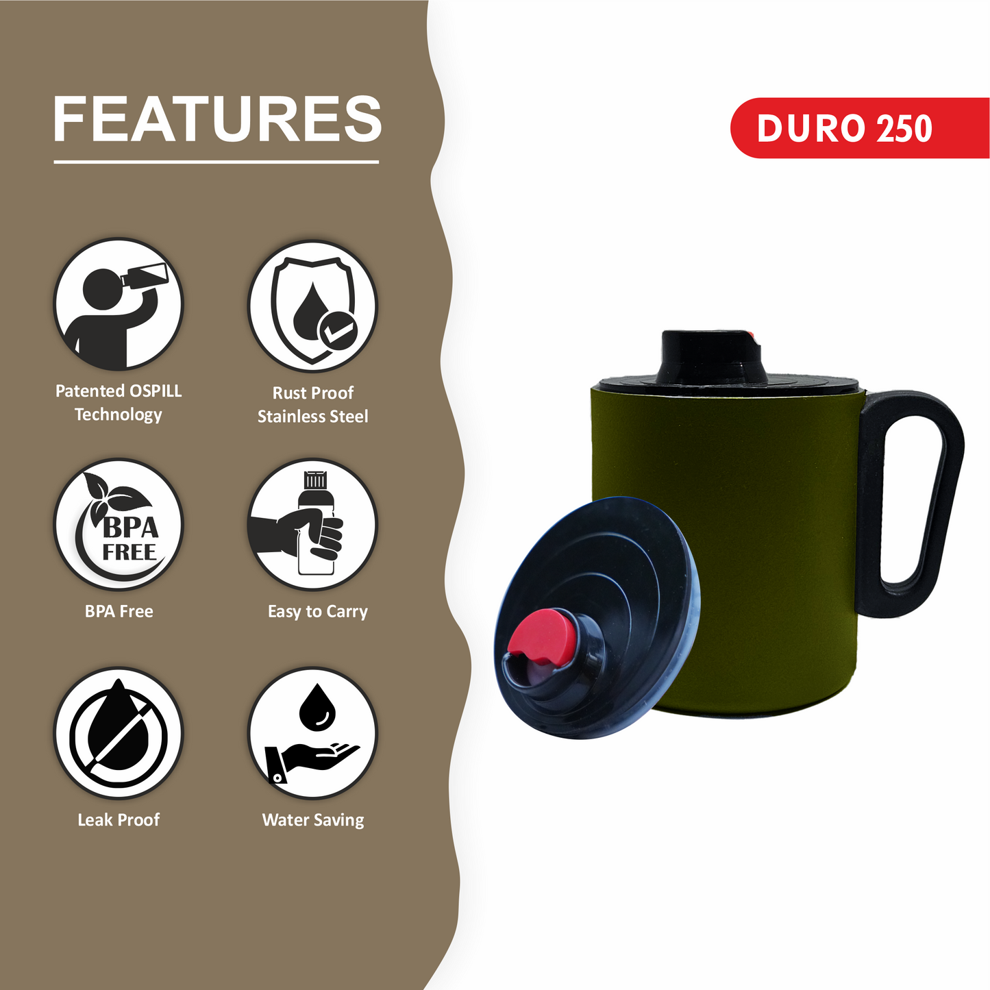 OSPILL DURO 250 - Spill Proof Coffee Mug with Lips & Finger Control Technology 250 mL | Double Wall Stainless Steel, BPA-Free | Perfect for Home, Office, Travel, Gym (Green)