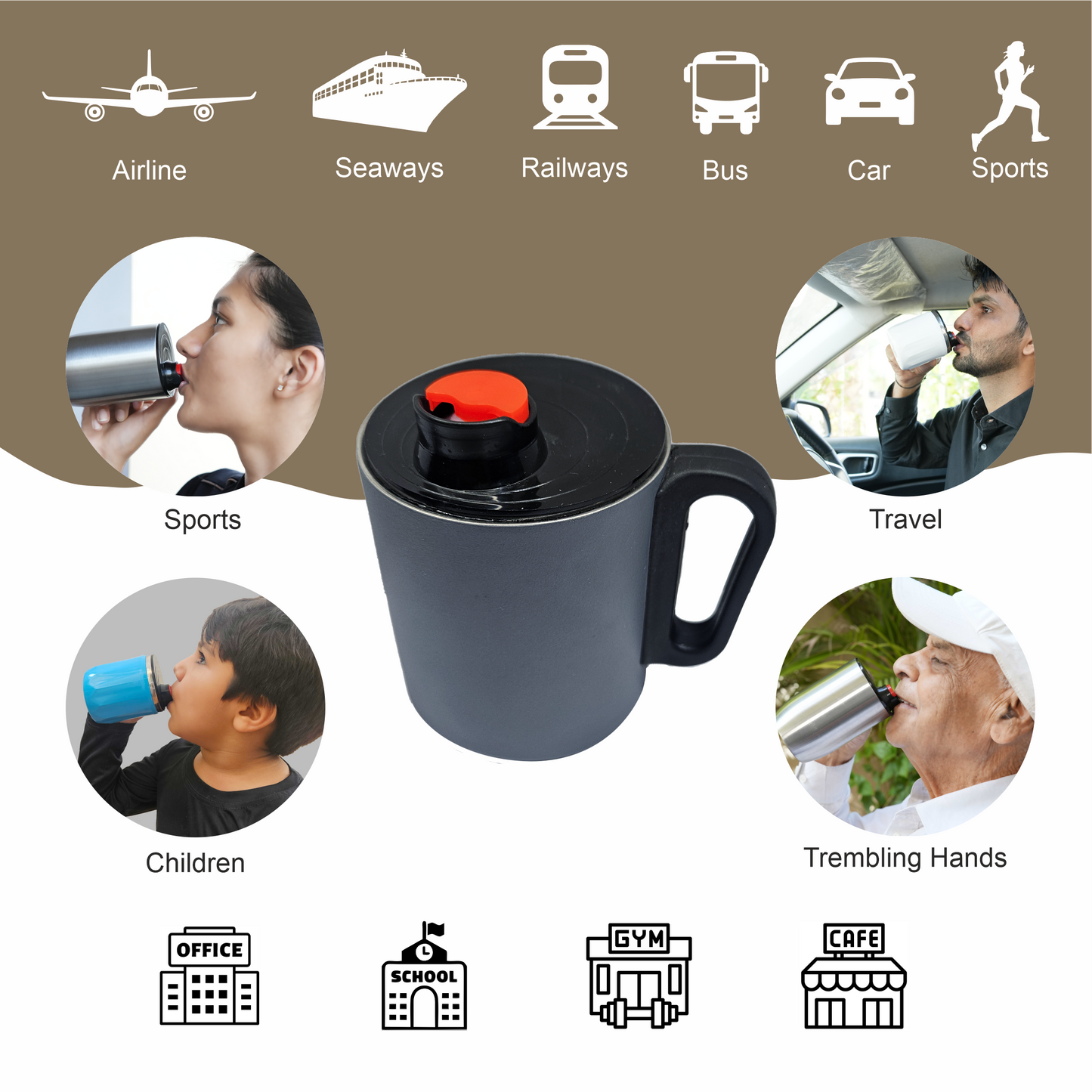 OSPILL DURO 250 - Spill Proof Coffee Mug with Lips & Finger Control Technology 250 mL | Double Wall Stainless Steel, BPA-Free | Perfect for Home, Office, Travel, Gym (Gray)