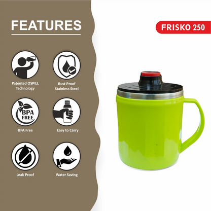 OSPILL FRISKO 250 - Spill Proof Coffee Mug with Lips & Finger Control Technology 250 mL | Stainless Steel, BPA-Free | Perfect for Home, Office, Travel, Gym  (Green)