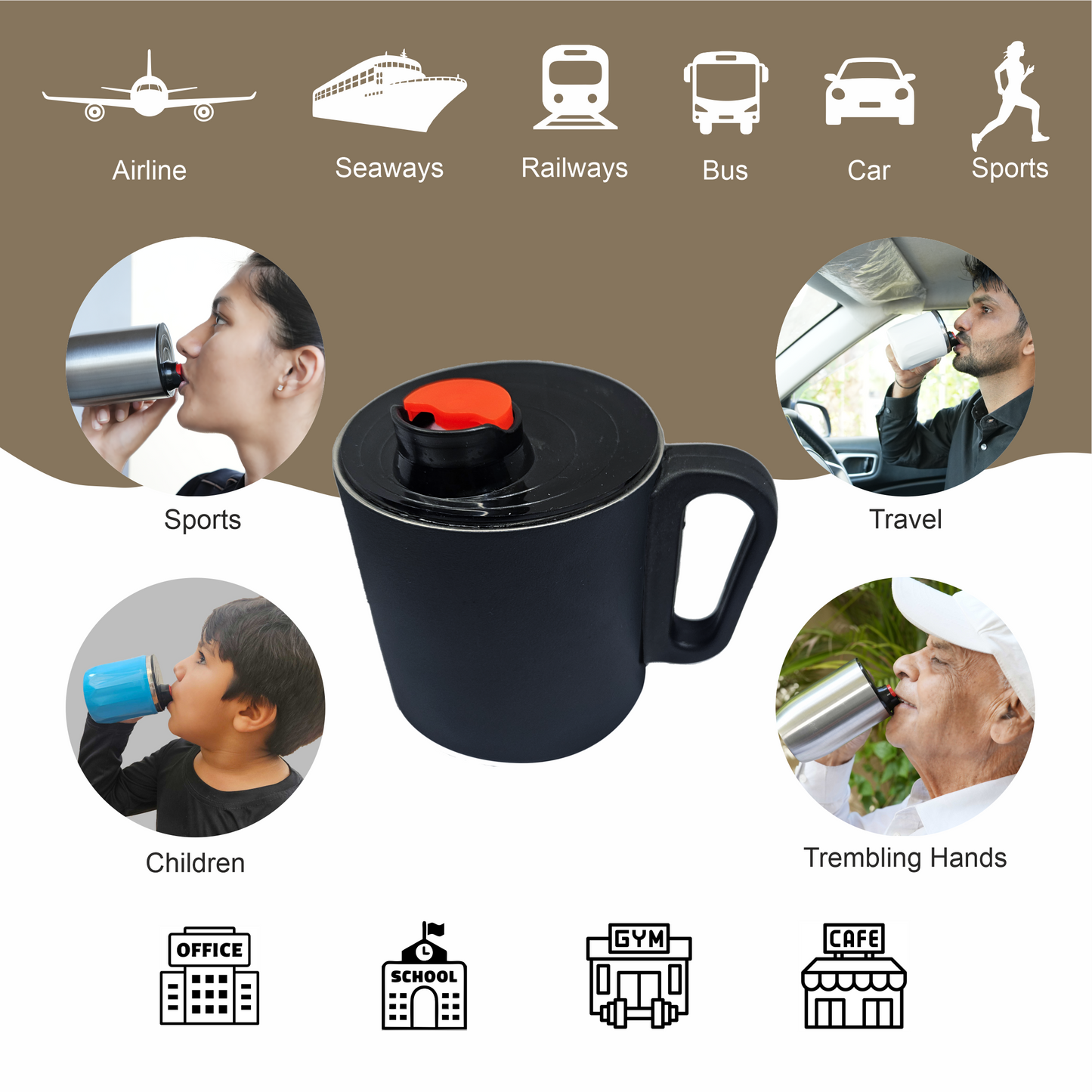 OSPILL DURO 250 - Spill Proof Coffee Mug with Lips & Finger Control Technology 250 mL | Double Wall Stainless Steel, BPA-Free | Perfect for Home, Office, Travel, Gym (Black)