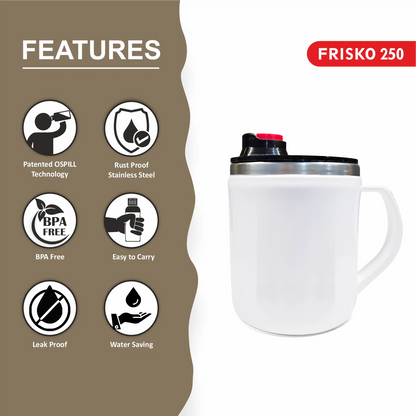 OSPILL FRISKO 250 - Spill Proof Coffee Mug with Lips & Finger Control Technology 250 mL | Stainless Steel, BPA-Free | Perfect for Home, Office, Travel, Gym (Black)