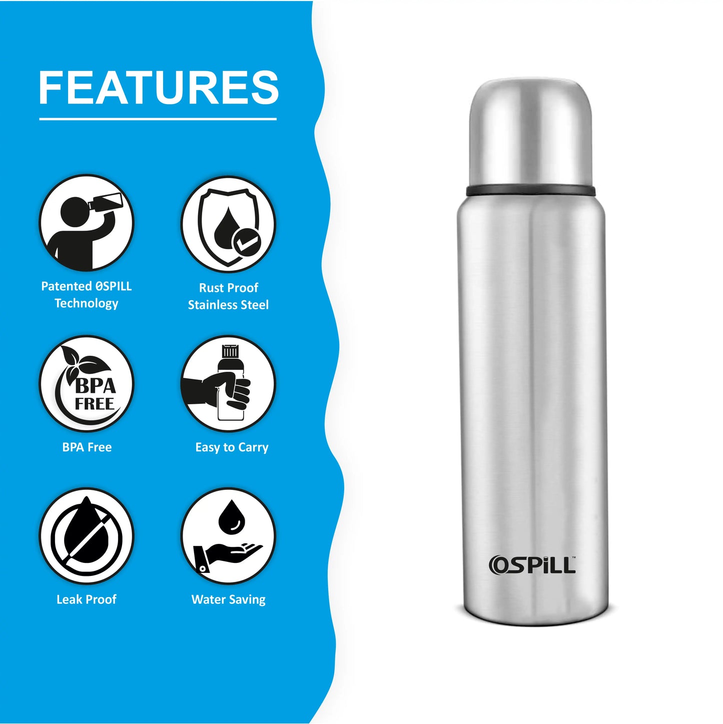 OSPILL ZETA 1000 Stainless Steel Bottle, 930ml - World's First Lips & Finger Control Technology | OSPILL | Spill-Proof, BPA-Free | Rust Proof | Ideal for Home, Office, Gym, Car, School