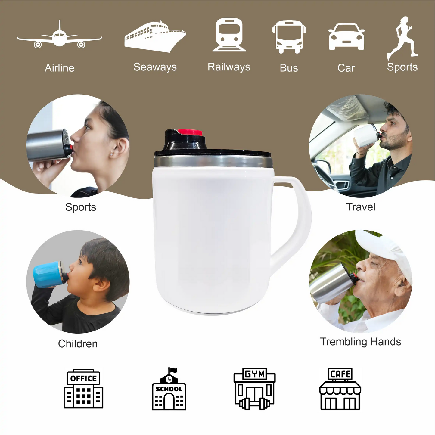 OSPILL FRISKO 250 - Spill Proof Coffee Mug with Lips & Finger Control Technology 250 mL | Stainless Steel, BPA-Free | Perfect for Home, Office, Travel, Gym (Black)