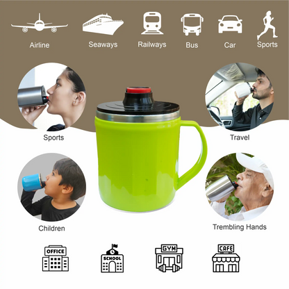 OSPILL FRISKO 250 - Spill Proof Coffee Mug with Lips & Finger Control Technology 250 mL | Stainless Steel, BPA-Free | Perfect for Home, Office, Travel, Gym  (Green)