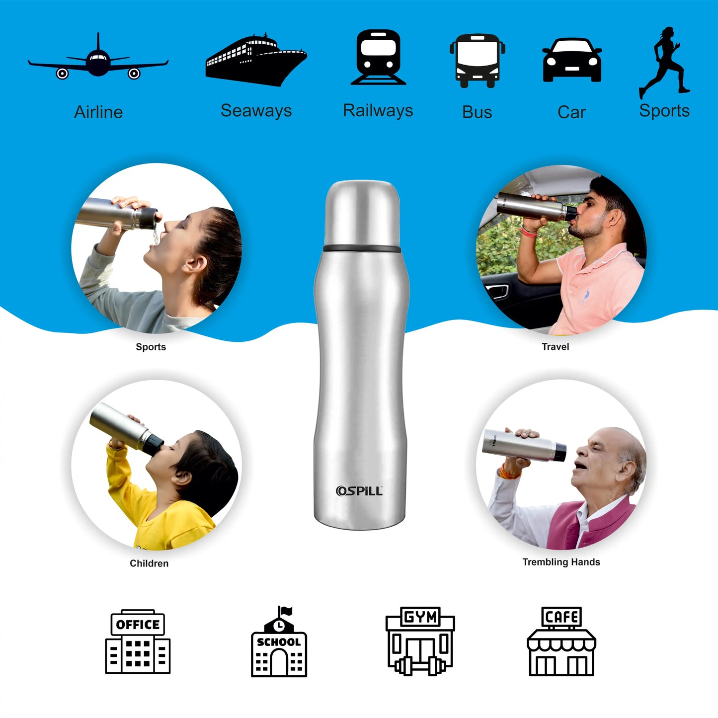 0SPILL DELTA 1000 Stainless Steel Bottle, 980ml - World's First Lips & Finger Control Tech | Spill-Proof | BPA-Free | OSPILL | Ideal for Home, Office, School, Gym, Car Use