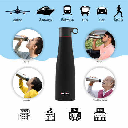 OSPILL SIGMA 1000 Stainless Steel Bottle, 900ml - World's First Lips & Finger Control Tech | Spill-Proof | BPA-Free | OSPILL | Ideal for Home, Office, School, Gym, Car Use (Black)