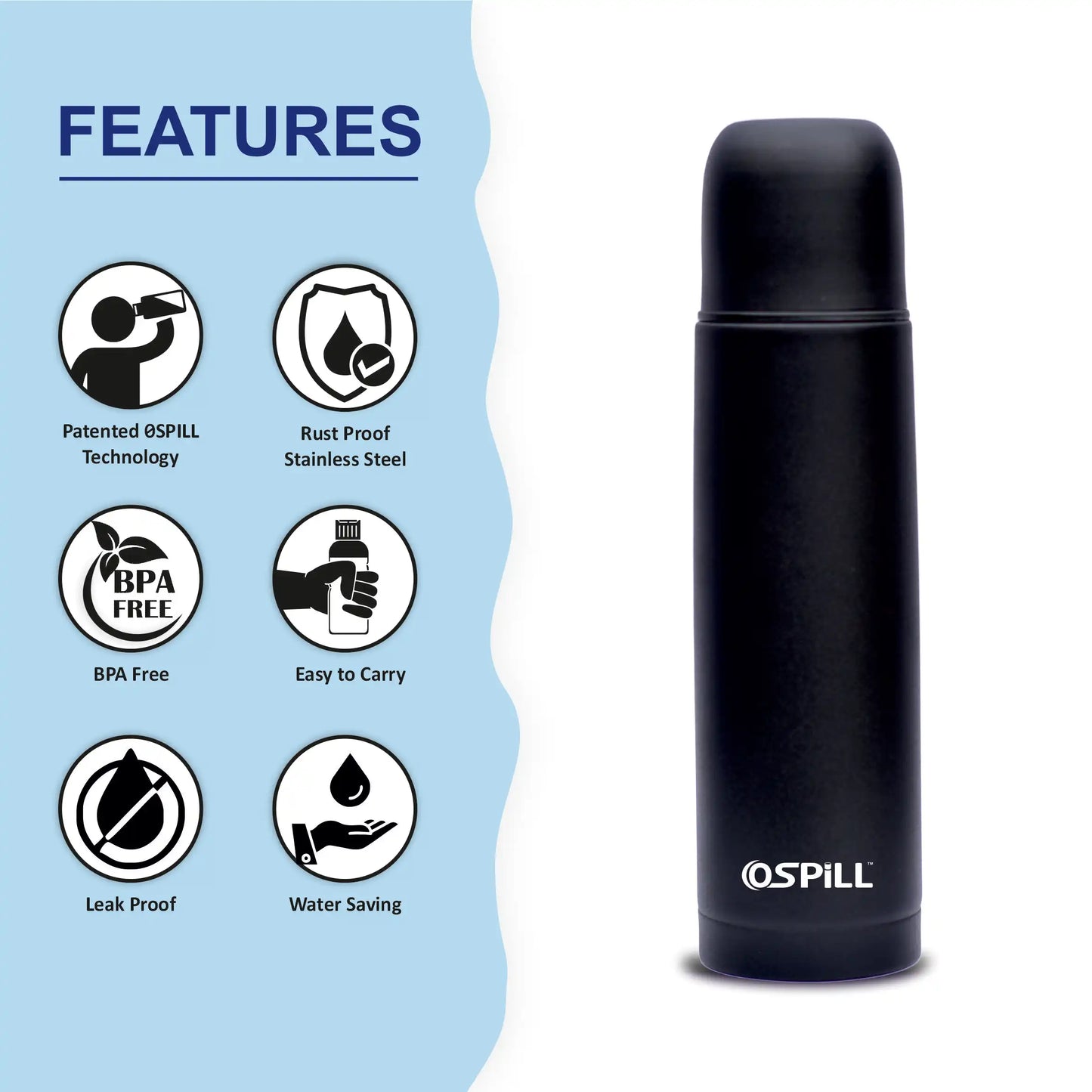 OSPILL Alpha 500 Stainless Steel Vacuum Flask, 500ml - World's First Lips & Finger Control Tech | Spill-Proof | BPA-Free | Temperature Retention | for Home, Office, School, Gym, Car