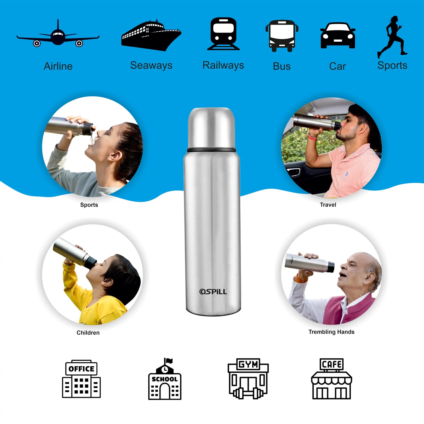 OSPILL ZETA 1000 Stainless Steel Bottle, 930ml - World's First Lips & Finger Control Technology | OSPILL | Spill-Proof, BPA-Free | Rust Proof | Ideal for Home, Office, Gym, Car, School