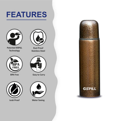 0SPILL GAMMA 750 Stainless Steel Bottle, 750ml - World's First Lips & Finger Control Tech | Spill-Proof | BPA-Free | OSPILL | Ideal for Home, Office, School, Gym, Car Use