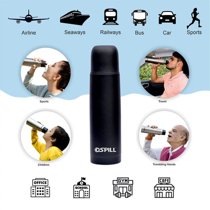 OSPILL Alpha 500 Stainless Steel Vacuum Flask, 500ml - World's First Lips & Finger Control Tech | Spill-Proof | BPA-Free | Temperature Retention | for Home, Office, School, Gym, Car