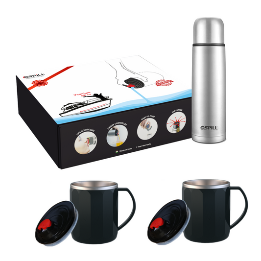 OSPILL Premium Gift Set, Stainless Steel Vacuum Insulated Flask with 2 Coffee Mugs, Lips & Finger Controlled Technology, Gift Box Applicable for Home, Office, School, Friends, Festival  (Alpha)